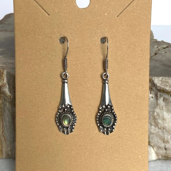 Sterling Silver 925 Dainty Abalone Elongated Dangle Drop Earrings - Picture 1 of 15